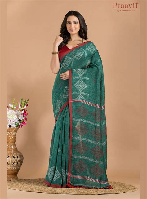 Bottle Green Linen Saree – Krafts & Knits