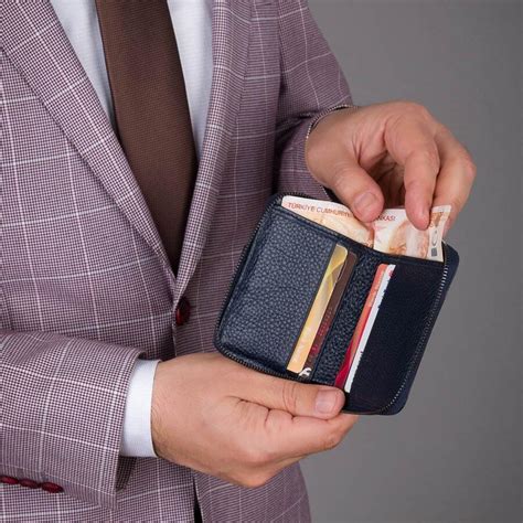 Zipper Locked Leather Mens Wallet Navy Blue with Gripper