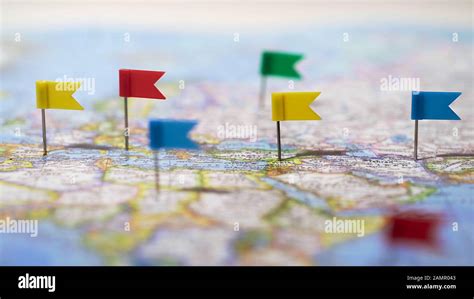 Many locations marked with pins on world map, global communication ...
