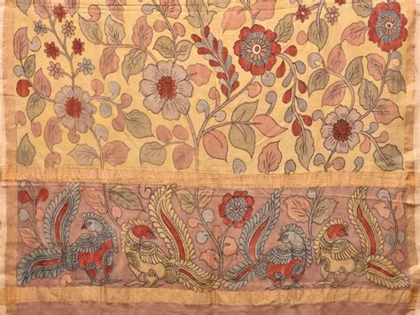 Cream Kalamkari Hand Painted Silk Handloom Saree with Floral and Peaco ...