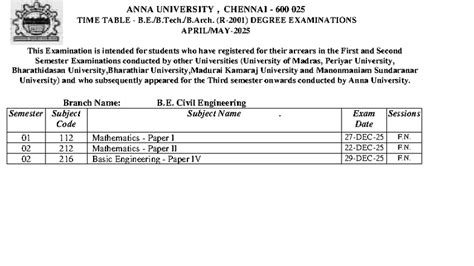 Anna University Degree Exam Time Table for Arrears (AUCR2001) - Studocu