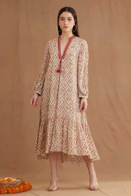 Buy Red Cotton Sequins, Mirrors Split V-neck Mughal Print Tiered Dress ...