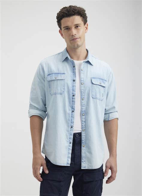 Men Blue Double Flap Pocket Full Sleeve Denim Shirt | Pepe Jeans India