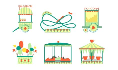 Amusement park attractions icons set roller coaster ferris wheel bumper ...