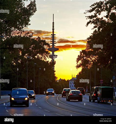 Cars on the Kennedy Bridge in front of the Heinrich Hertz Tower at ...