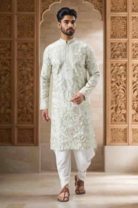 Buy Green Kurta Silk Embroidery Aari Floral And Patiyala Set For Men by ...