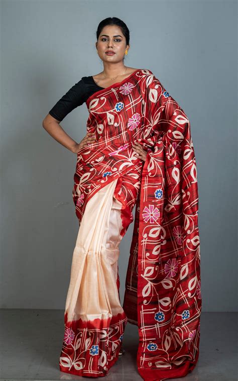 Hand Batik Soft Bishnupuri Pure Silk Saree in Rust Red, Beige and Mult ...