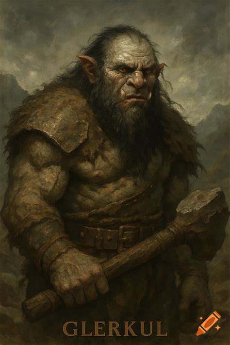 Close-up portrait of a gruff troll-like creature with beard and tusks ...