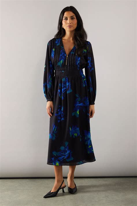 Dresses | Floral Print Pin Tuck Detail Zip Midi Dress | Wallis