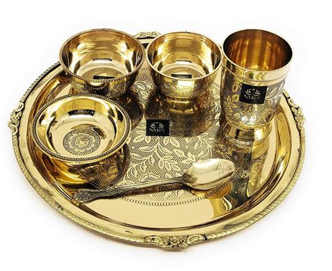 Buy NYRA Solid Pure Brass Premium Peetal Embossed Thali Set Of 6 Pieces ...