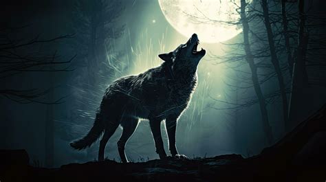 Halloween concept Wolf silhouette howling at full moon in foggy ...