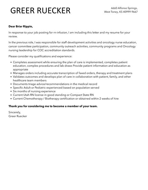 RN-Infusion Cover Letter | Velvet Jobs