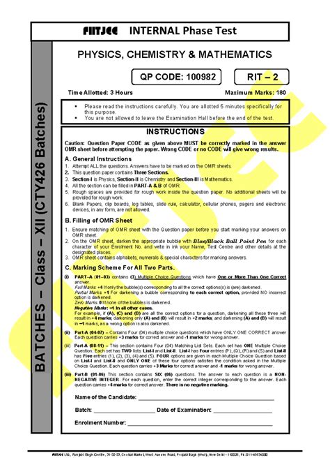 FIITJEE INTERNAL Phase Test: JEE Advanced Level QP (CTY426) - Studocu