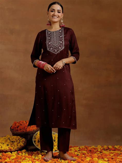 Buy Maroon Embroidered Silk Blend Straight Kurta Set Online at Rs.949 ...