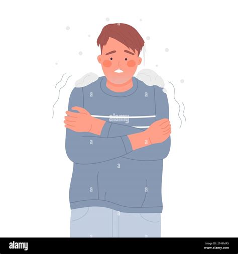 Shivering boy under the snow. Winter cold time, teenager feeling cold ...