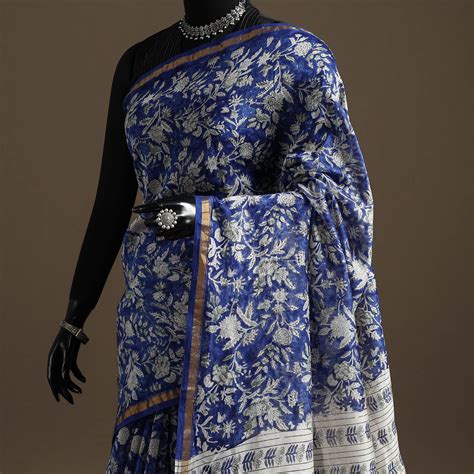 Chanderi Silk Hand Block Print Sanganeri Saree with Zari Border