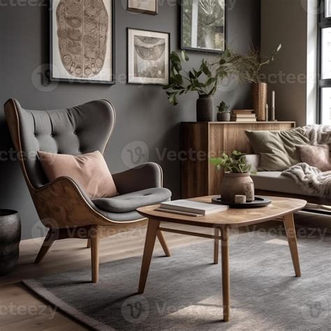 Interior design of scandinavian living room with frames with Wing chair ...