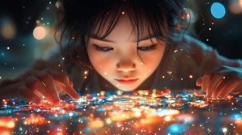 Curious child exploring lights generative ai | Premium AI-generated image