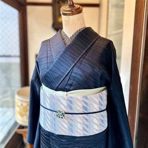 long＊宵の水面＊未使用品 ゼブラ柄 波 縞 モダン リサイクル小紋着物 A497 | kimono tento
