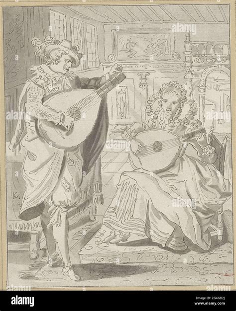 . Interior with a man and a woman who both play the lute Stock Photo ...