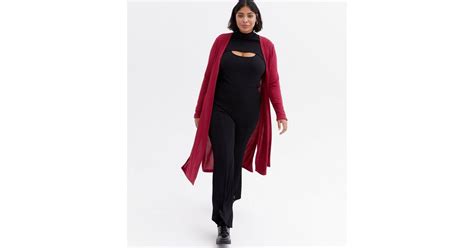 Curves Burgundy Ribbed Knit Long Cardigan | New Look