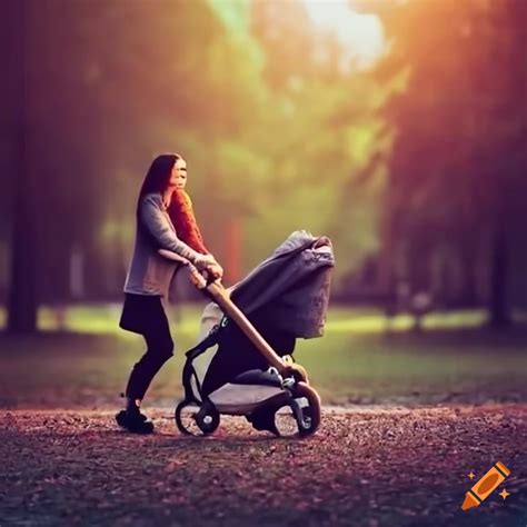 Mom pushing stroller and holding child's hand in a park on Craiyon