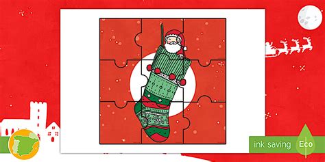 Puzle: Papá Noel metido en un calcetín navideño - Twinkl