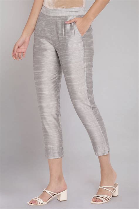 Buy Grey Solid Straight Fit Woven Pants With Elasticated Waist Online ...