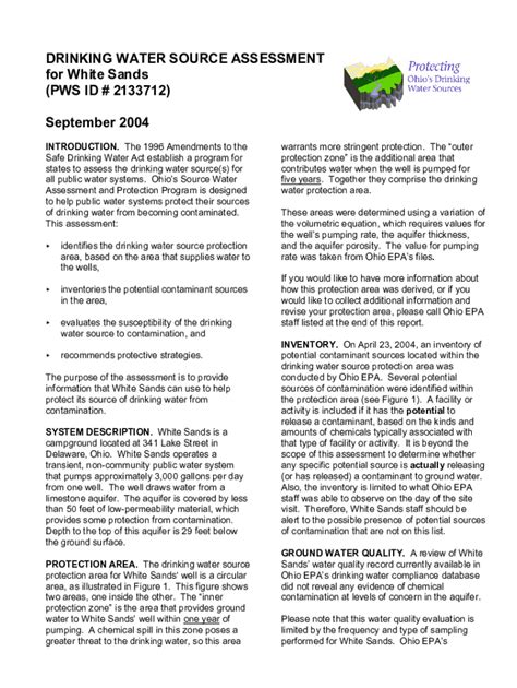 Fillable Online wwwapp epa ohio DRINKING WATER SOURCE ASSESSMENT for ...