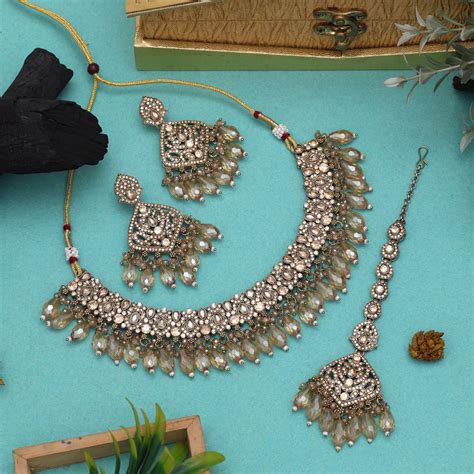 Premium Gold Color Pakistani Kundan Necklace Set – Eindiawholesale