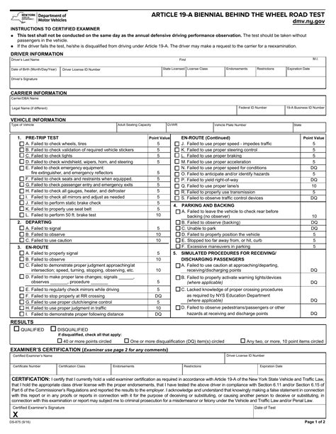NYS DMV Form DS-875. Article 19-A Biennial Behind the Wheel Road Test ...
