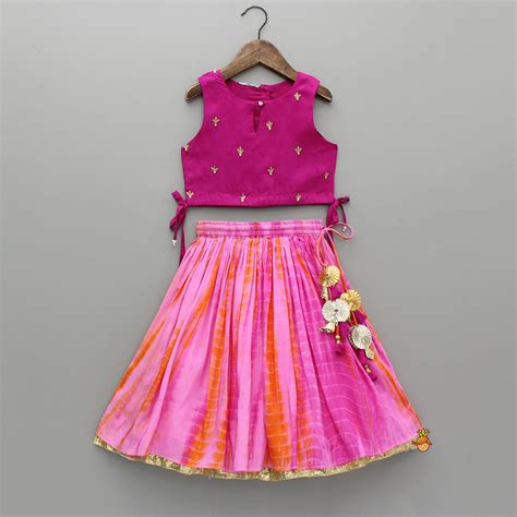 Pre Order: Sequin Work Top And Shibori Printed Lehenga