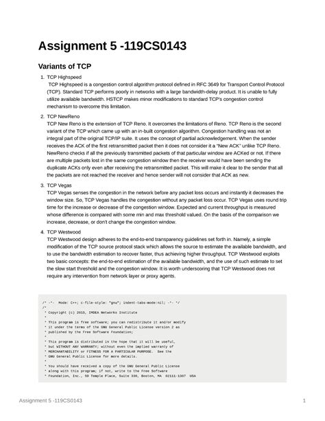 Assignment 5 -119CS0143 - Assignment 5 -119CS Variants of TCP 1. TCP ...