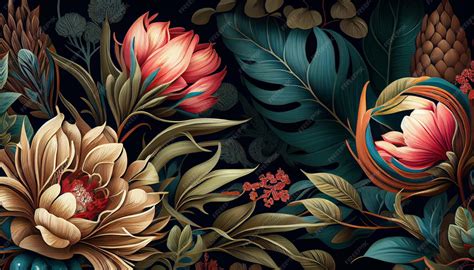 Premium AI Image | A floral wallpaper with a large flower and leaves.