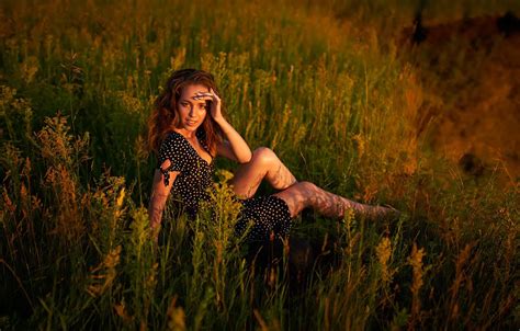 Wallpaper grass, dress, model, women, redhead, black dress, neckline ...
