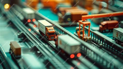 Intricate model of a logistics hub with toy trucks and tiny containers ...