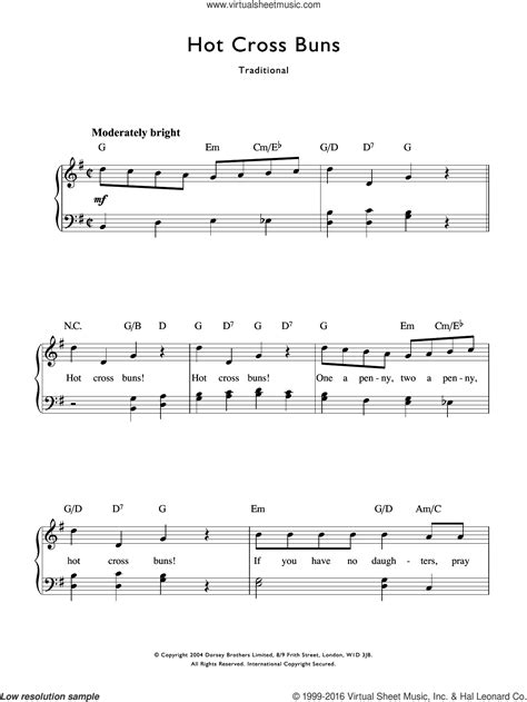 Hot Cross Buns sheet music for voice and piano (PDF)