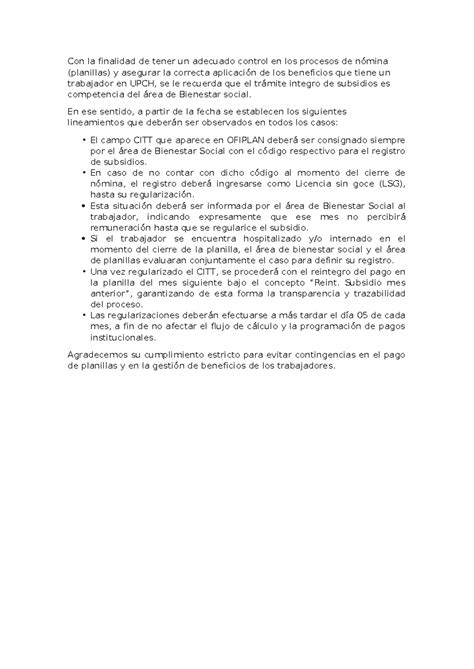Lineamientos de Subsidios en UPCH para el Control de Nómina - Studocu