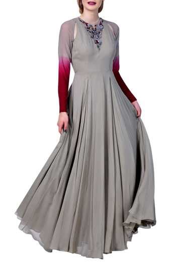 Buy Grey Georgette, Shantoon Floral, Pearls Round Raglan Sleeve Maxi ...