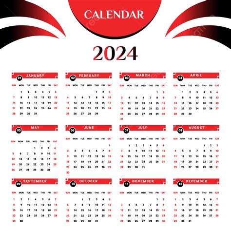 Calendário 2024 Com Preto E Vermelho Vetor PNG , Calendário, Calendário ...