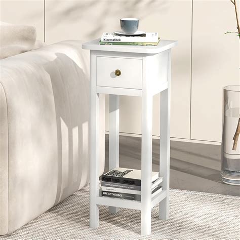 Narrow Side Table, Tall Nightstand with Drawer and Shelf, Small Bedside ...