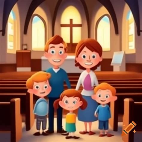 Cartoon family attending service in church on Craiyon