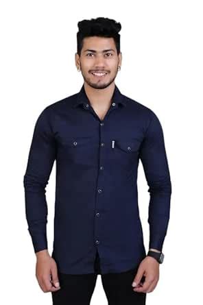 PODGE Men Slim Fit Solid Spread Collar Casual Navy Blue Shirt(PDMS-529 ...