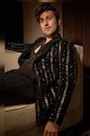 Buy Black Velvet Embellished Crystal Stripe Jacket With For Men by ...