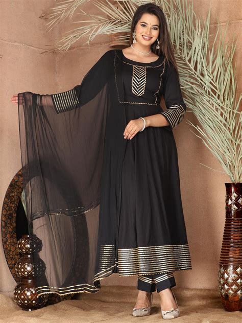 Women's Black Gotta Patti Rayon Stiched Party Anarkali Kurta Set – Trendia