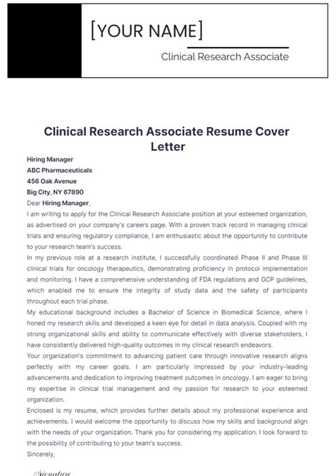 Free Clinical Research Associate Resume Cover Letter Template to Edit Online