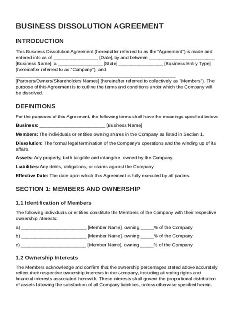 Business Dissolution Agreement Template - Blank Fillable Template ...