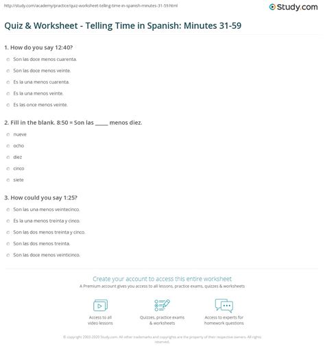 Quiz & Worksheet - Telling Time in Spanish: Minutes 31-59 | Study.com