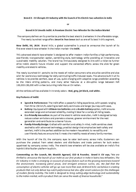 Press Release - Brand X - EV disrupts EV Industry with the launch of ...