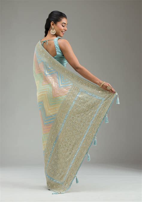 Buy Sky Blue Plain Georgette Saree - Koskii